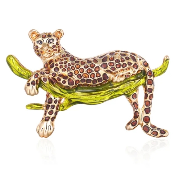 Leopard cat on branch brooch pin vintage style New enamel - Picture 14 of 15